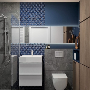 Projekt łazienki z prysznicem, granatowe ściany połączone z szarością, wykończenia wnętrz pod klucz poznań