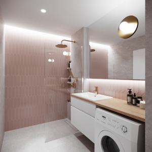 łazienka z płytkami w kolorze pudrowego różu projektant wnętrz pozanań
